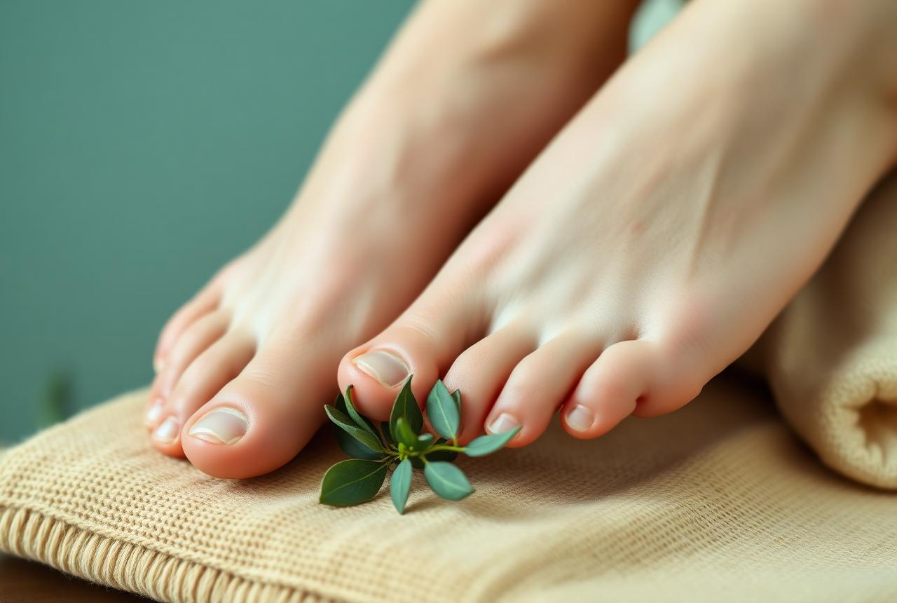 Clean, well-kept bare feet resting on a linen towel in a calm spa setting