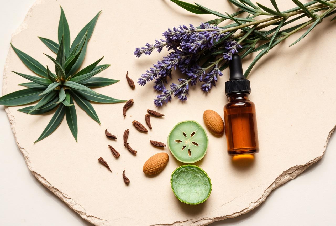 Botanical ingredients including tea tree, lavender, clove and an amber dropper bottle